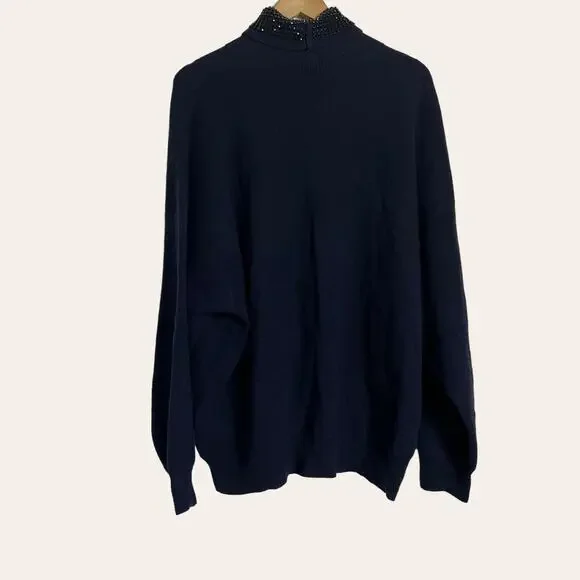 Alexander Wang Navy Blue Crystal Collar Wool Turtleneck Sweater Size L